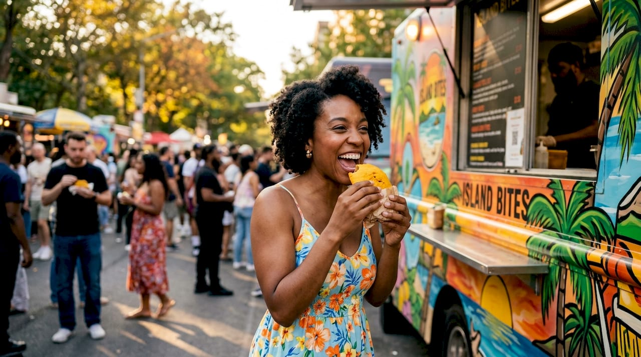 Caribbean woman tasting Jamaican patty at market