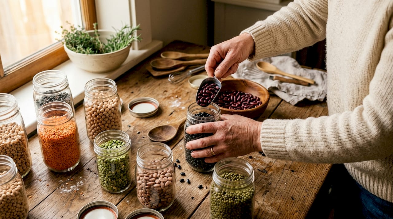 Hands organizing dried legumes in pantry