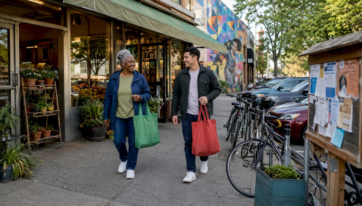 Suburban grocery store exterior with shoppers