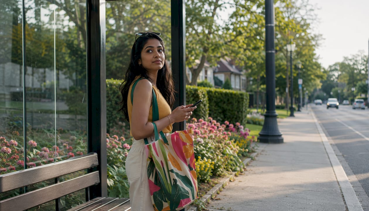 Woman waiting at suburban grocery bus stop