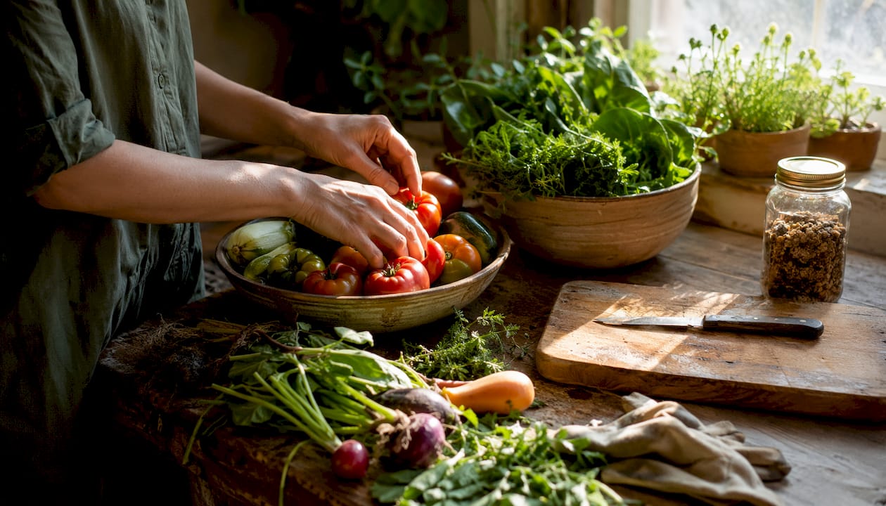Hands arranging seasonal produce outdoors