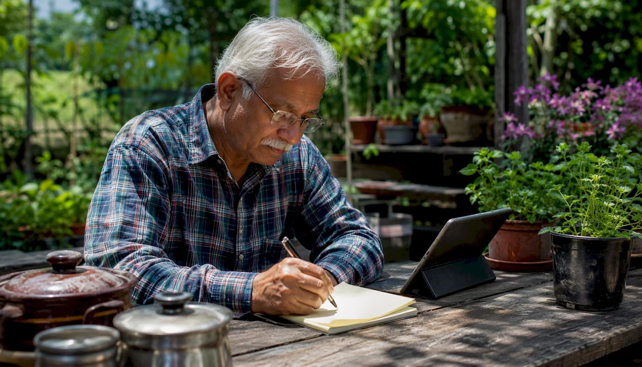 Elderly man digitizing recipes on tablet