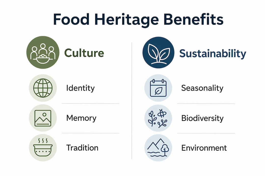 Infographic showing cultural and sustainability benefits of food heritage