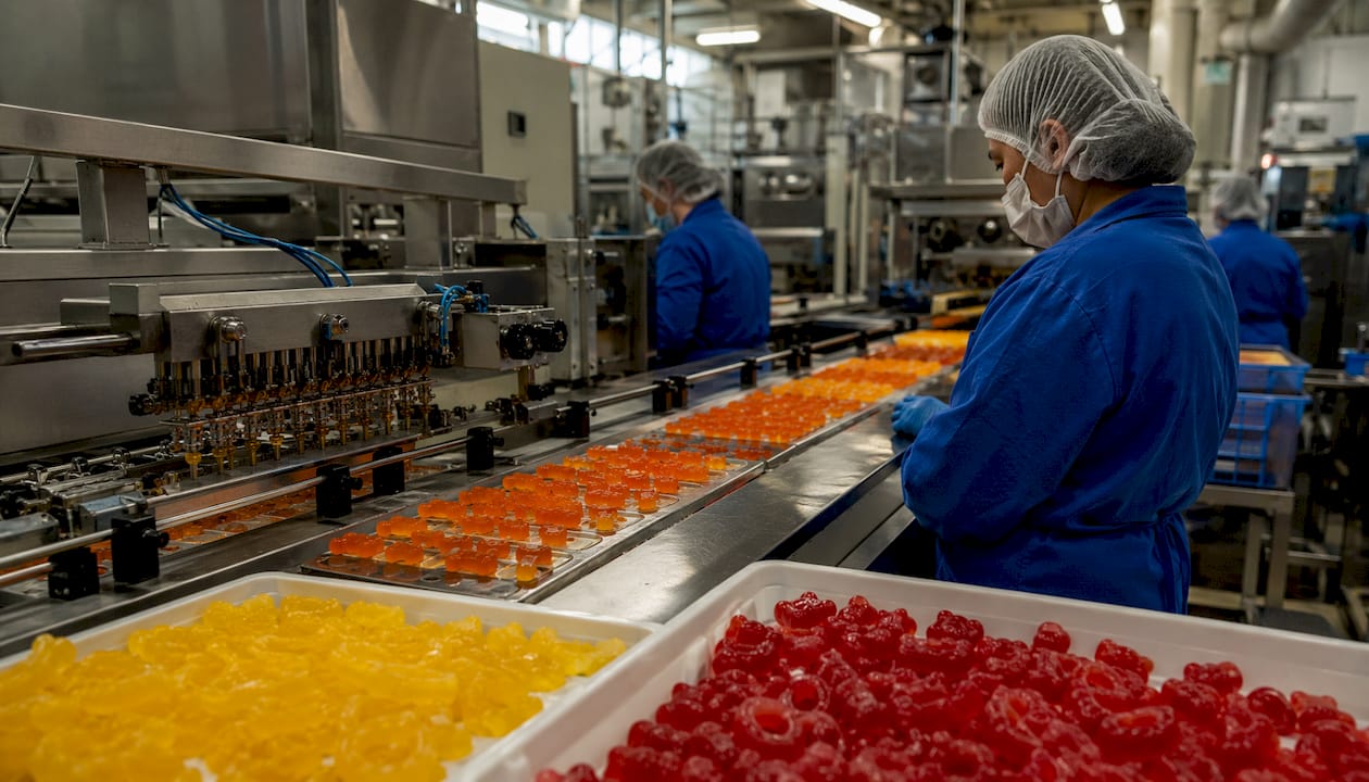 Fruit snack gummies on manufacturing conveyor belt