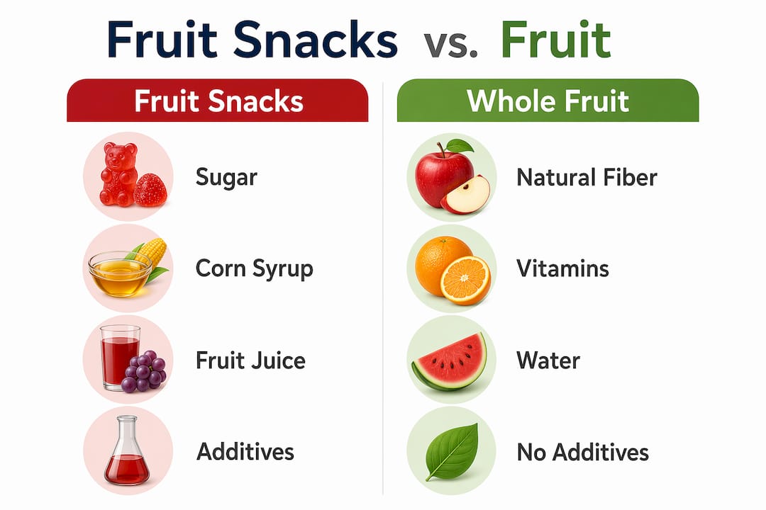 Infographic comparing fruit snacks and whole fruit ingredients