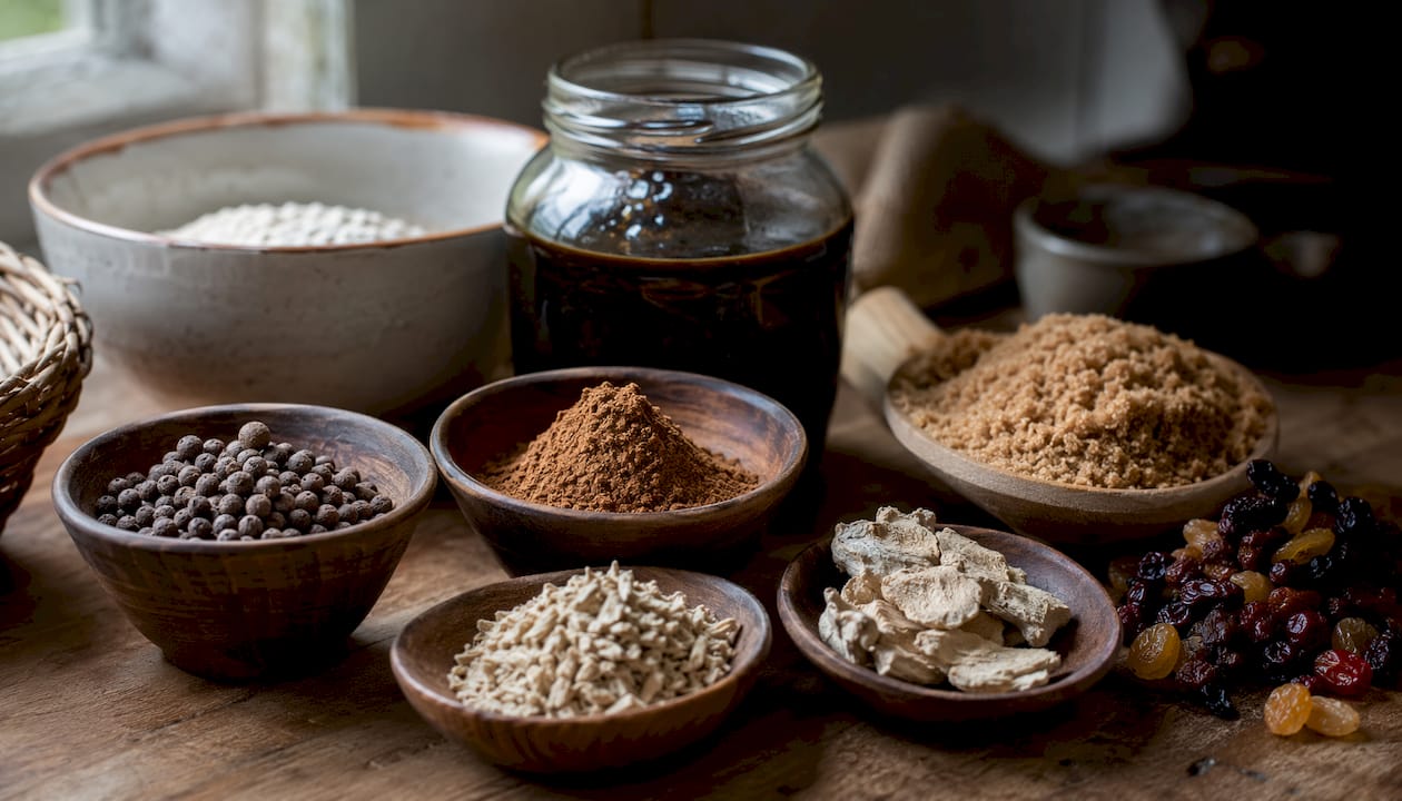 Close-up overhead of Caribbean spice bun ingredients
