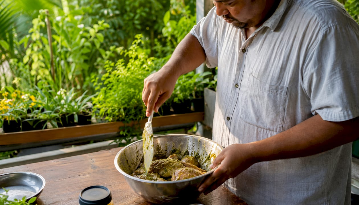 Cook mixing green seasoning with chicken marinade