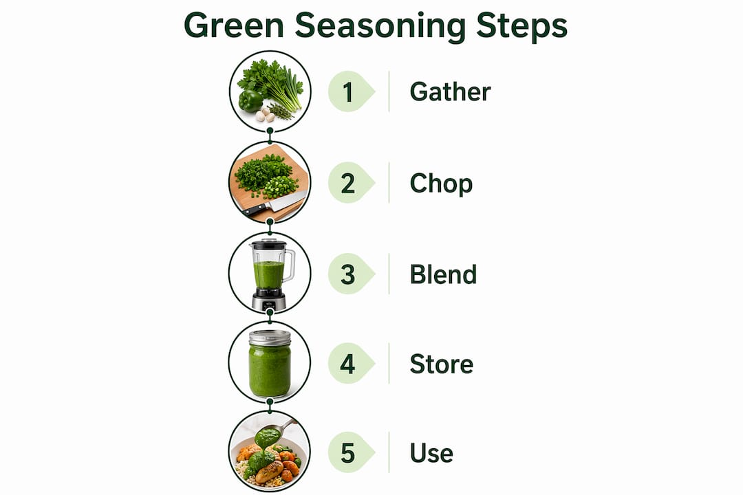 Infographic showing steps to prepare Caribbean green seasoning