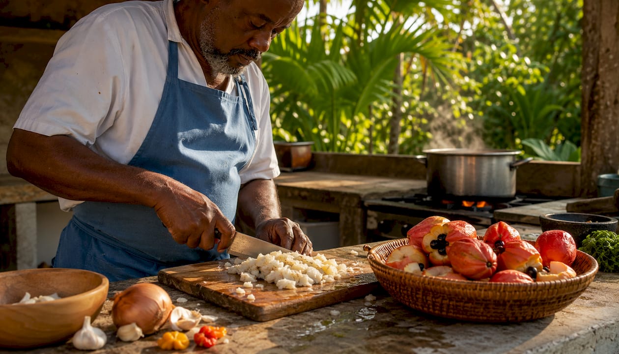 Chef chopping salted cod in Caribbean kitchen