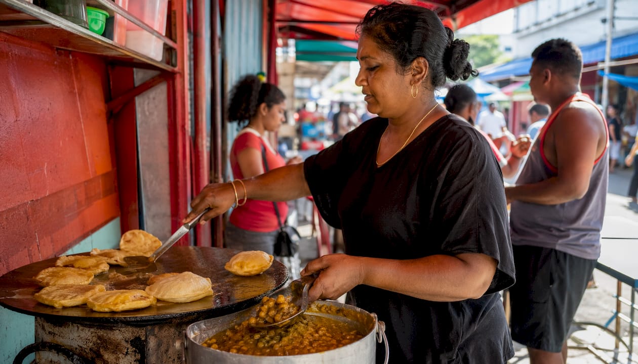 Trinidad vendor making doubles street food