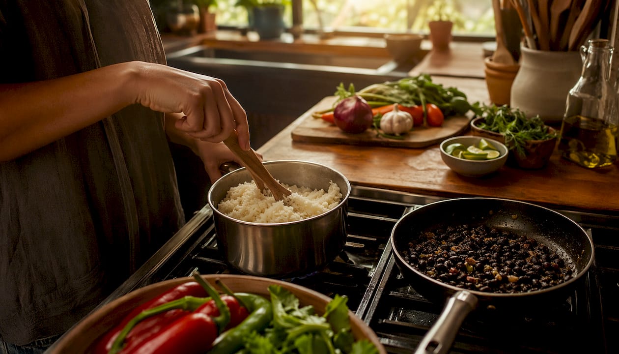 Hands preparing rice and beans on stove