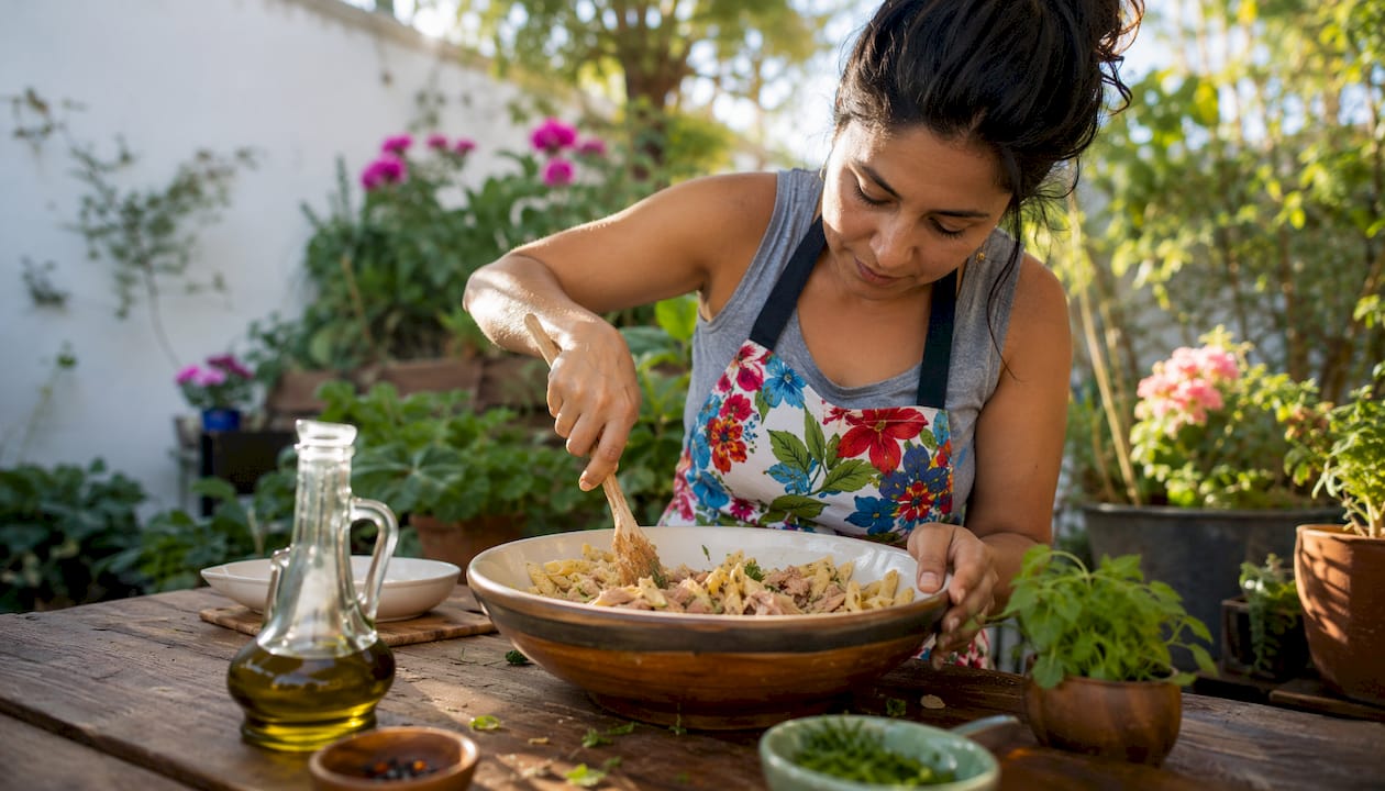 Woman mixing tuna pasta in kitchen bowl
