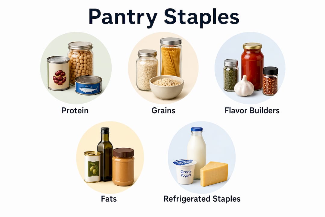 Infographic showing pantry staple categories in hierarchy layout