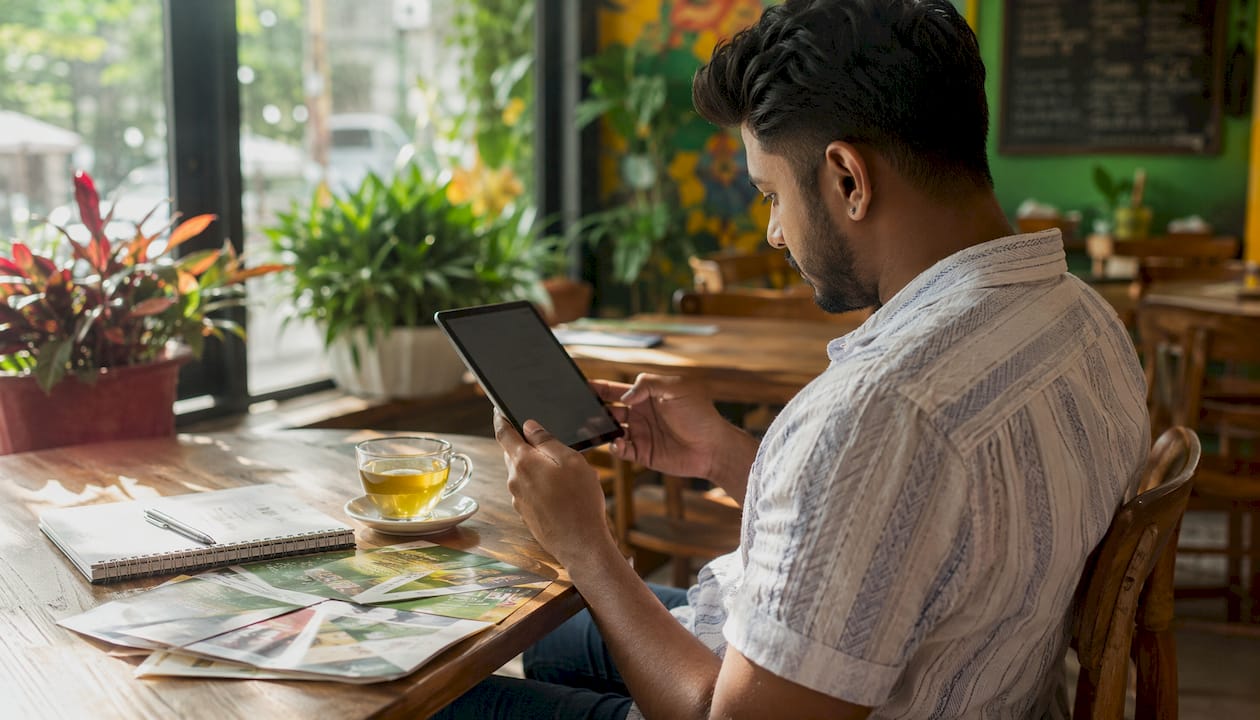 Person evaluating Caribbean grocery options at home using tablet