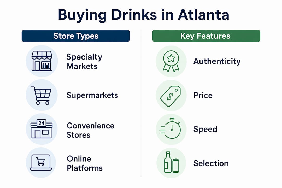 Infographic comparing store types and features for buying drinks in Atlanta
