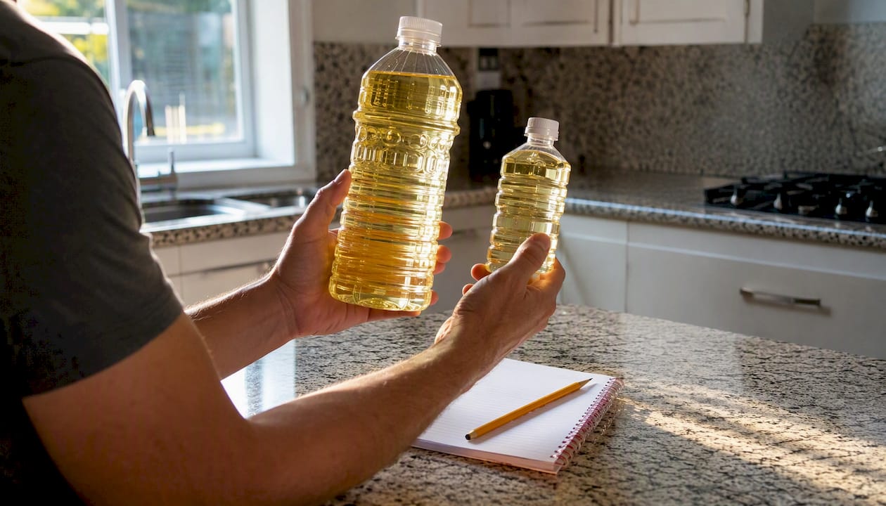 Hands comparing unit prices of grocery bottles