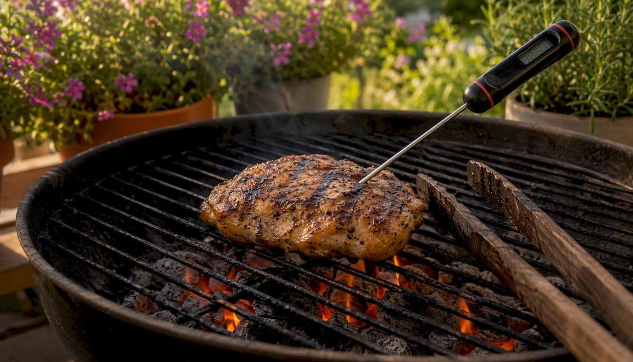 Close-up of seasoned chicken thigh on charcoal grill with thermometer