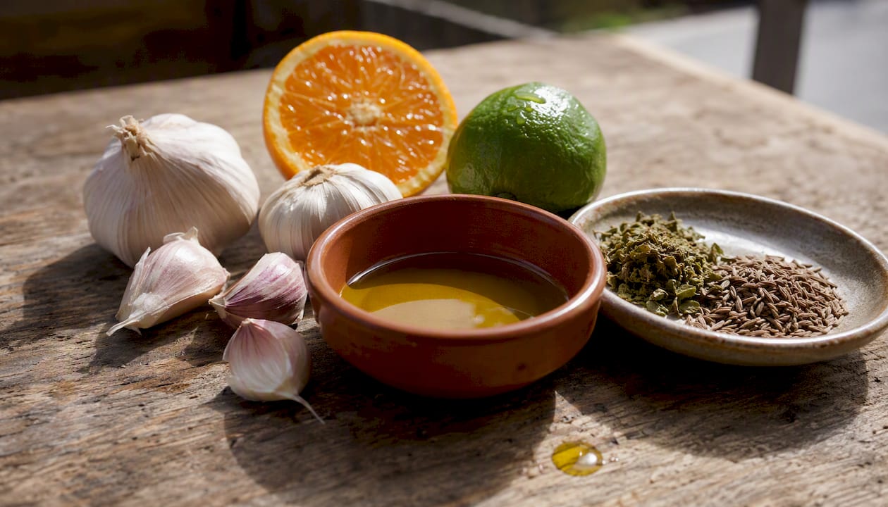 Close-up of mojo sauce ingredients on countertop