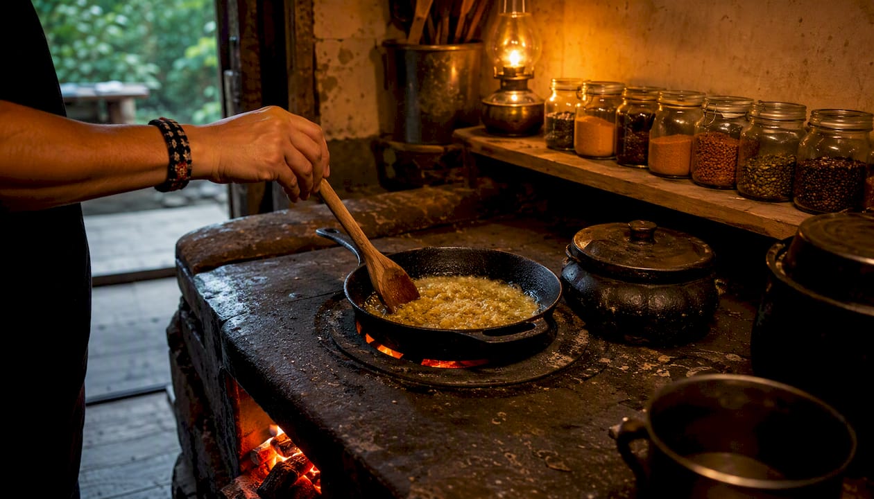 Cooking garlic mojo sauce in saucepan