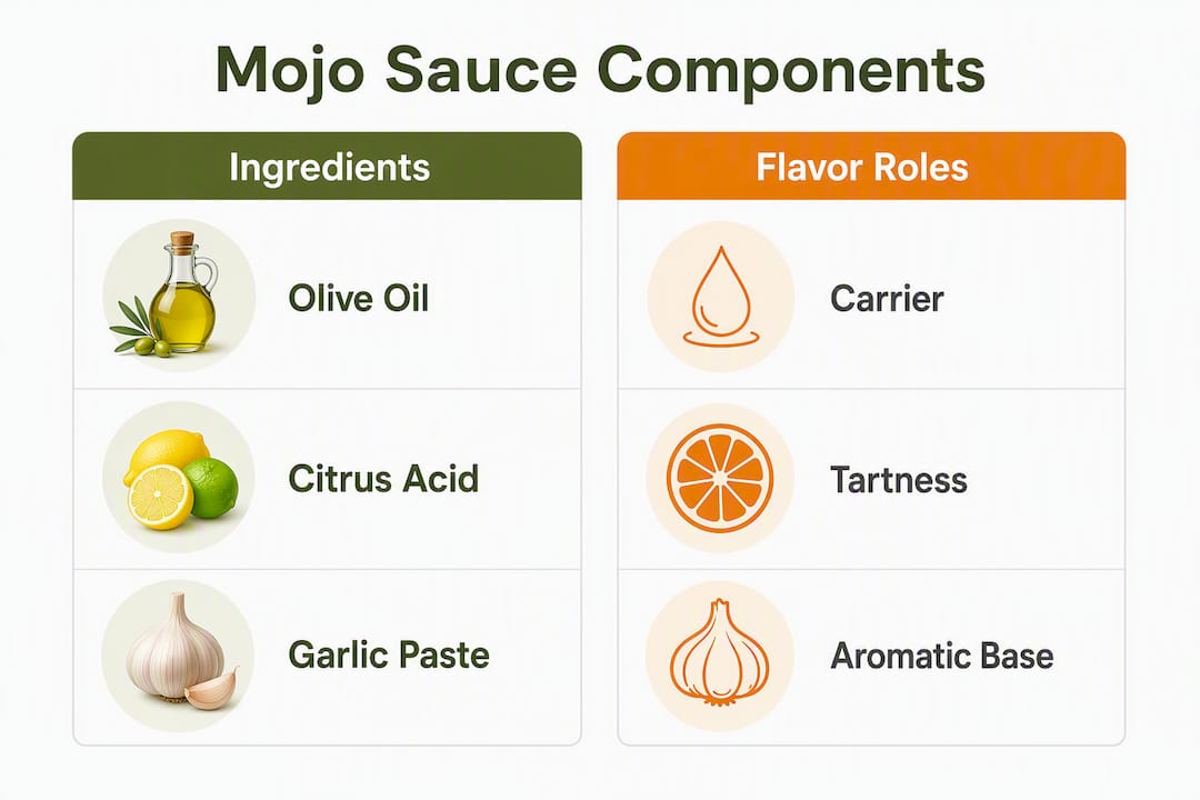 Infographic showing mojo sauce ingredients and flavor roles