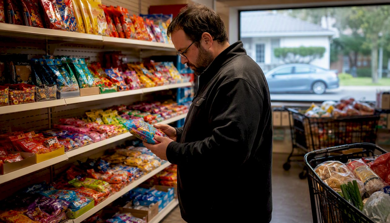 Customer selecting candy in convenience store aisle