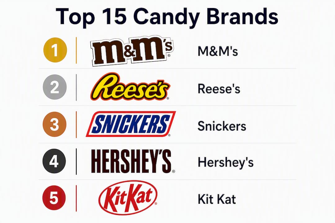 Infographic displaying top 15 American candy brand rankings