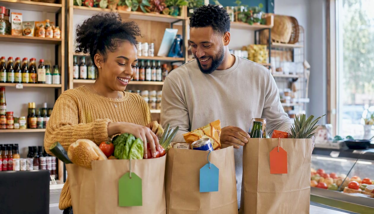 Organized grocery bags sorted by category on kitchen counter