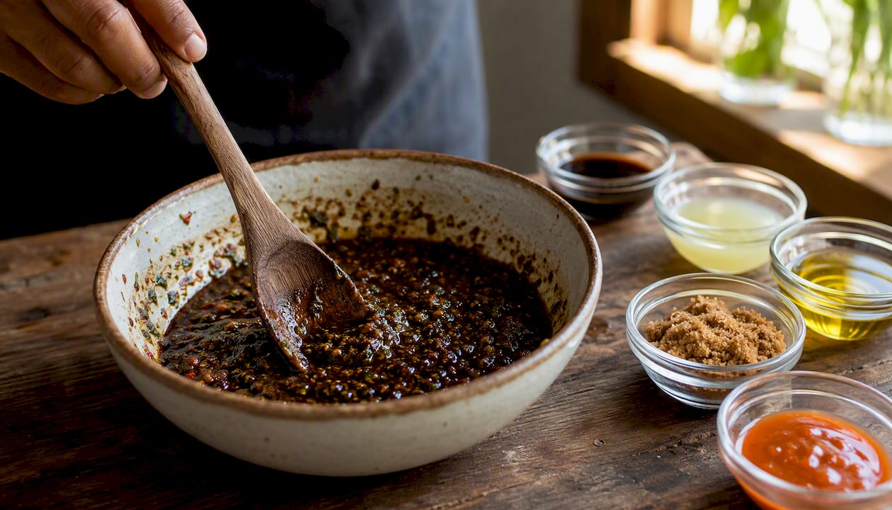 Wet jerk marinade being mixed in bowl