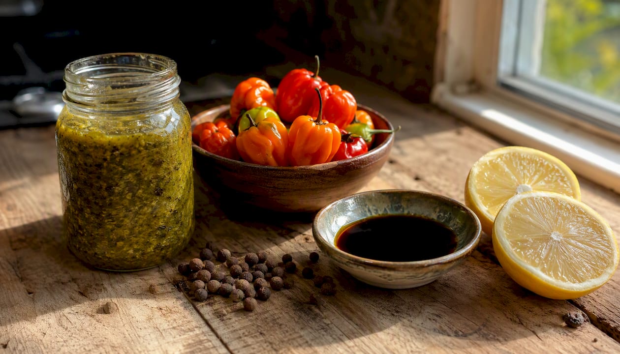 Caribbean spices and condiments on wooden table
