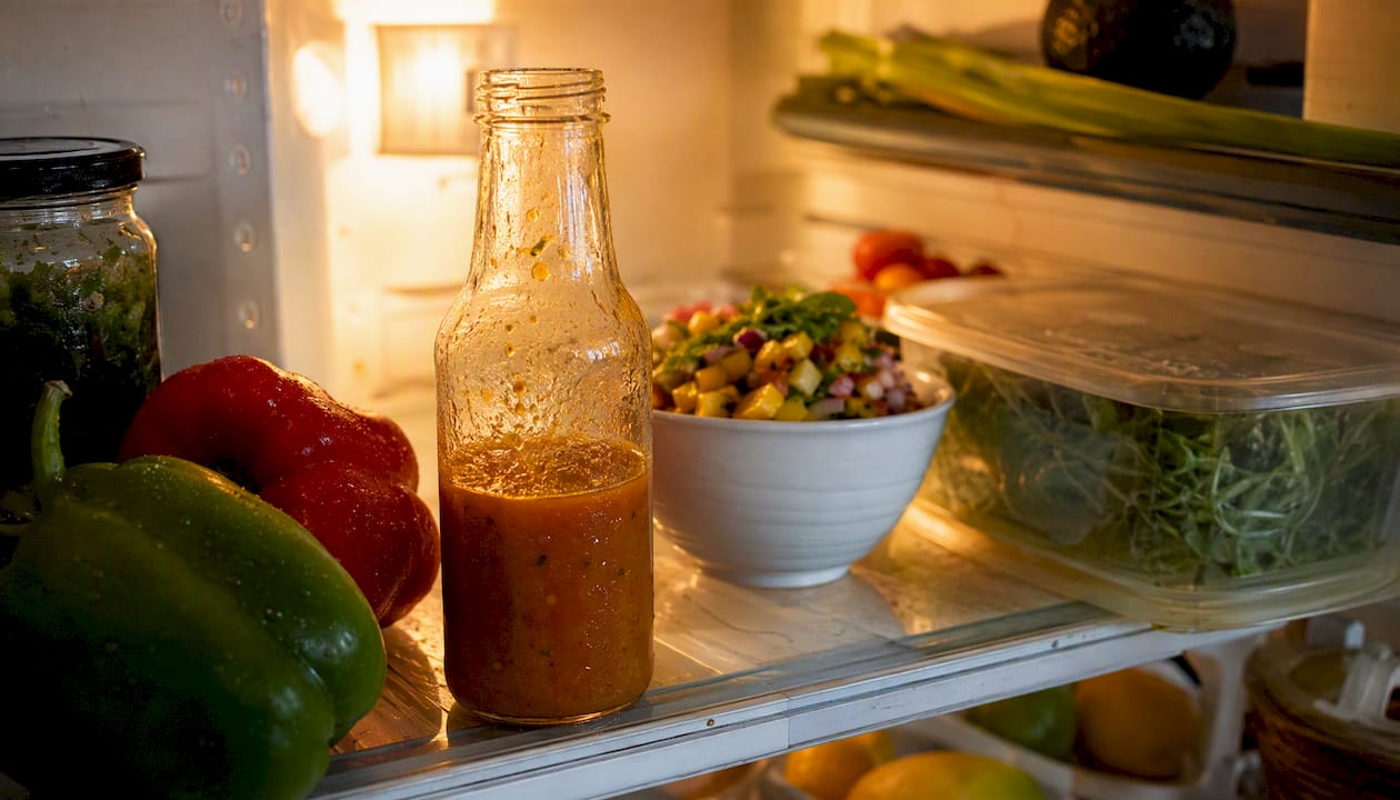 Opened Caribbean sauce bottle in fridge door