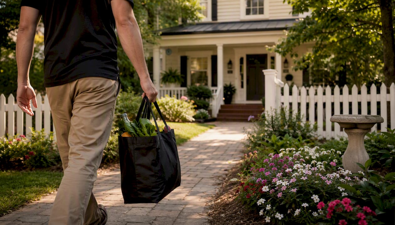 Delivery driver bringing groceries to porch