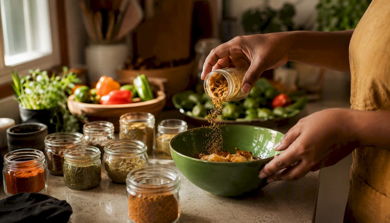 Hands sprinkling Caribbean seasoning blends