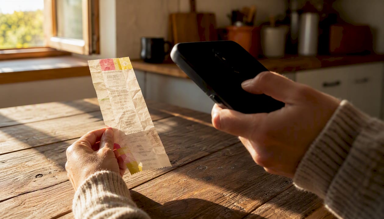 Hands scanning grocery receipt with smartphone