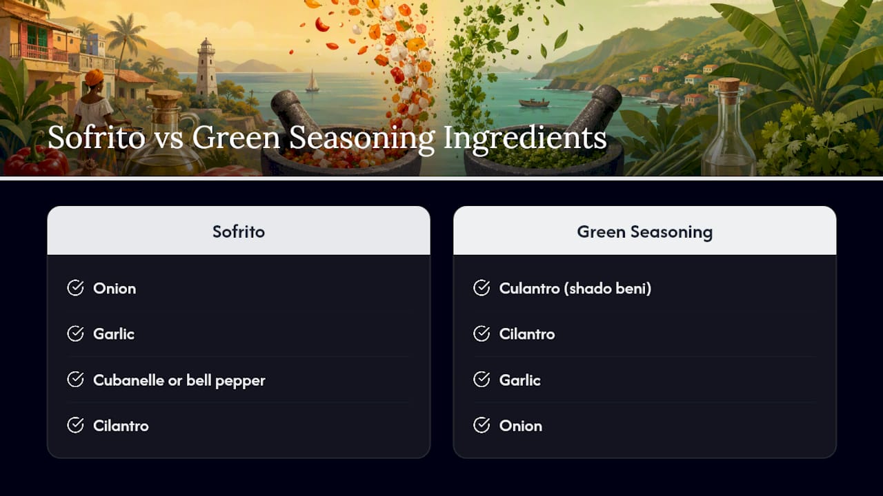 Comparison diagram of sofrito and green seasoning ingredients