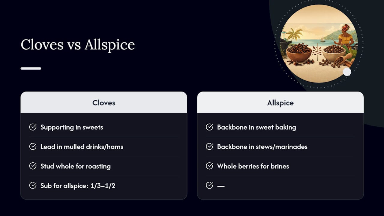 Comparison diagram of cloves and allspice cooking uses