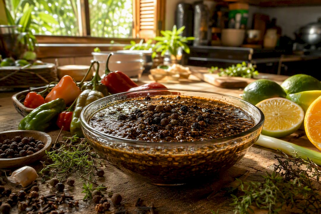 Bowl of jerk marinade with whole allspice and cloves