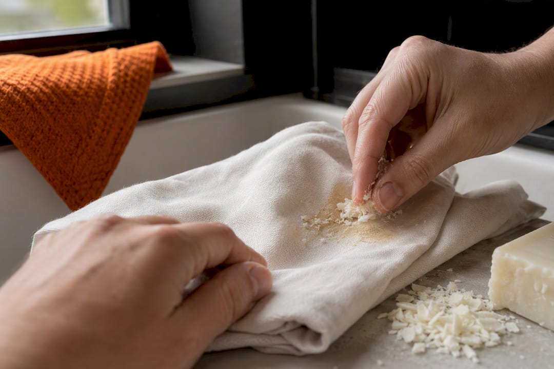 Hands rubbing soap shavings into fabric stain