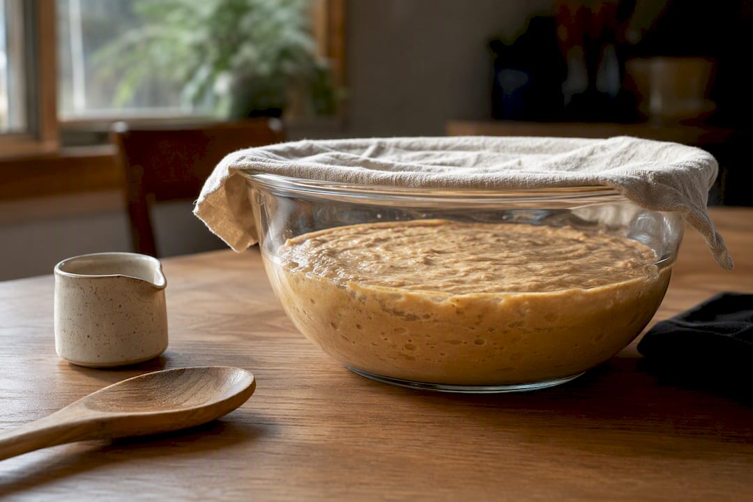 Plantain flour batter resting before baking