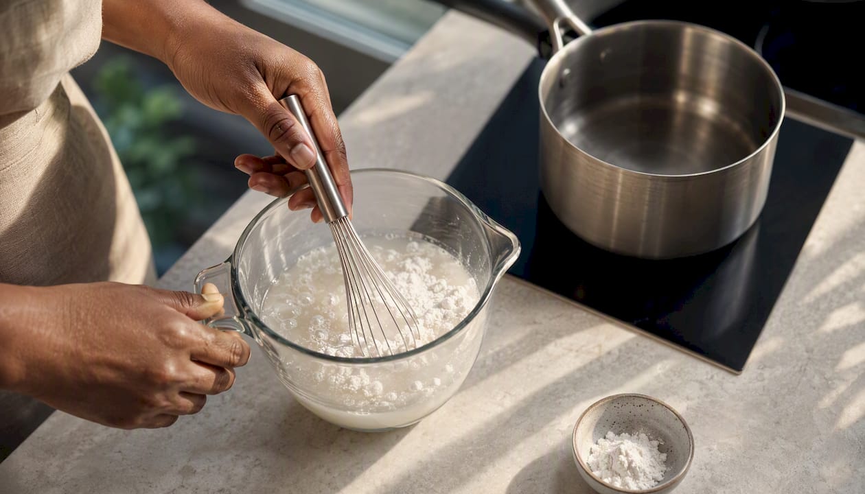 Whisking cassava flour into cold liquid