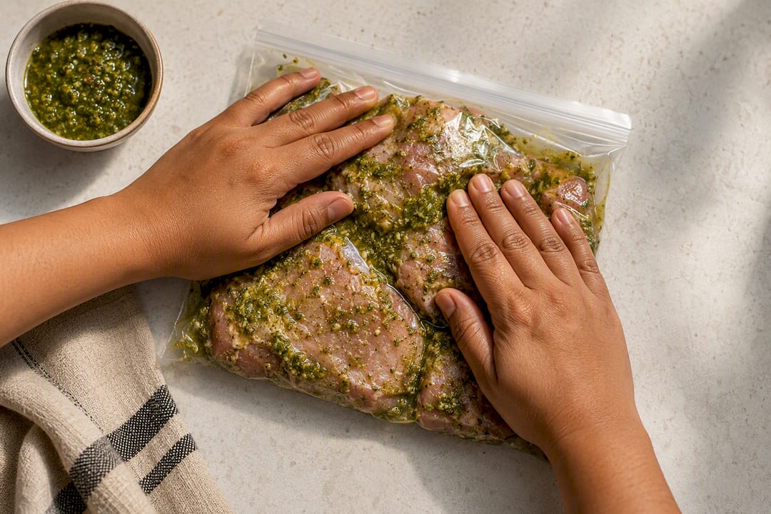 Pork coated in green seasoning bag