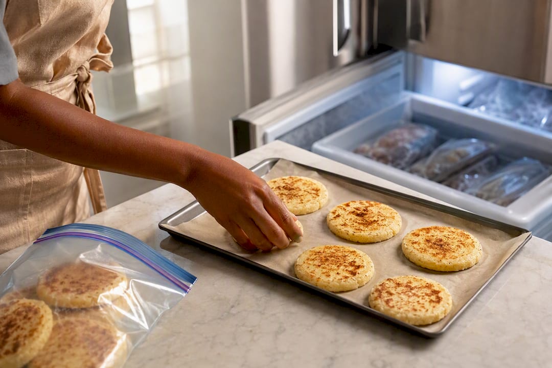 Par-cooked bammy discs arranged for freezing