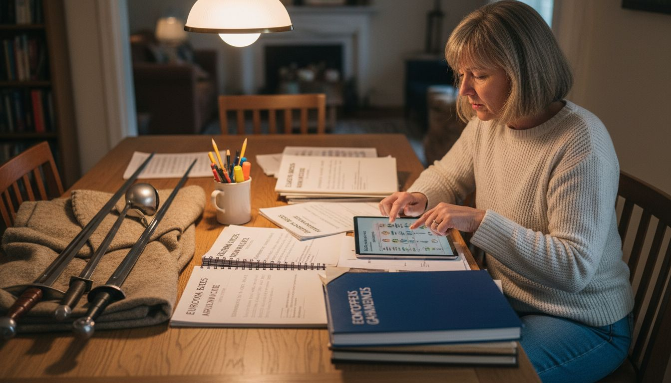 Woman compares sword to reference guides