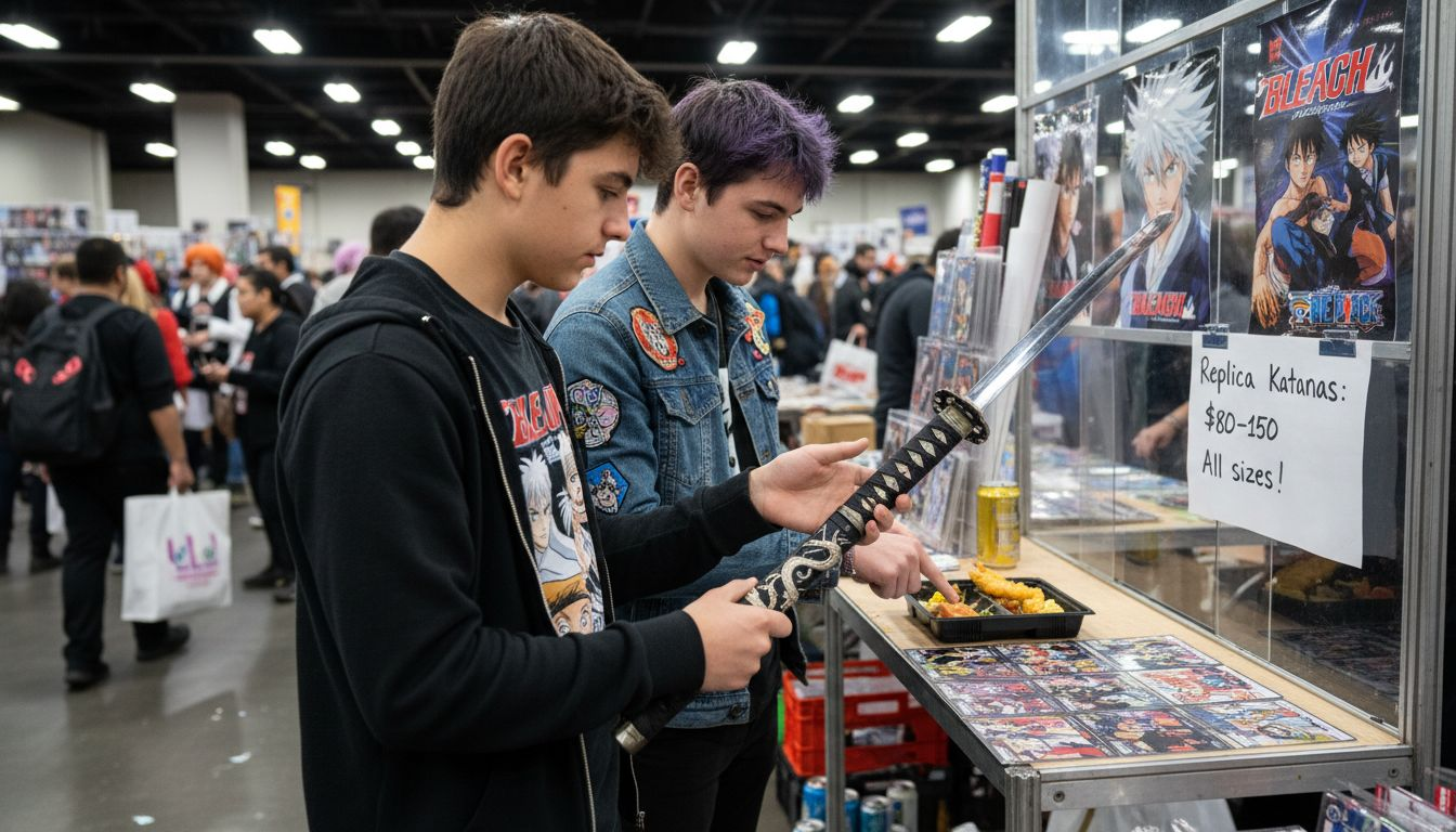 Teens viewing replica swords at anime convention