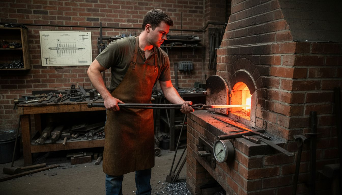 Swordsmith forging blade beside glowing furnace