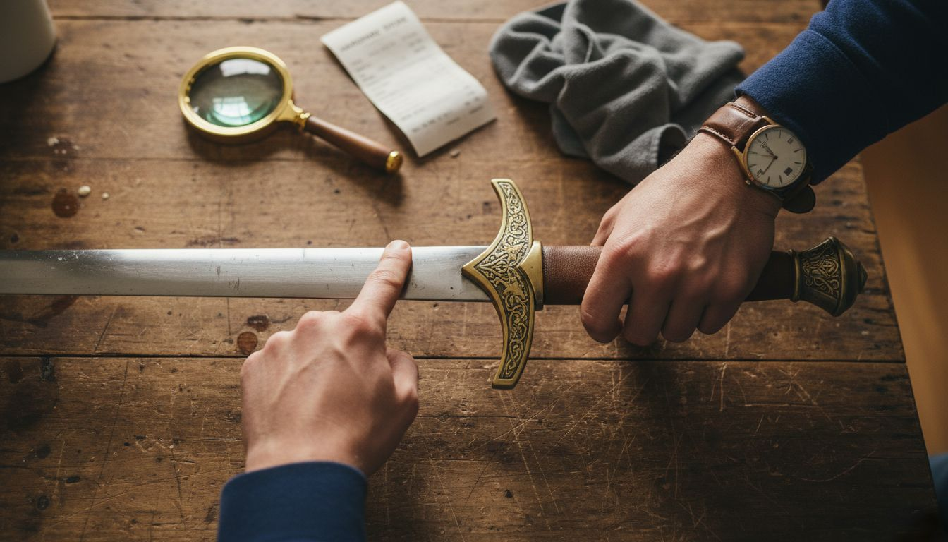 Hands inspecting sword craftsmanship details closely