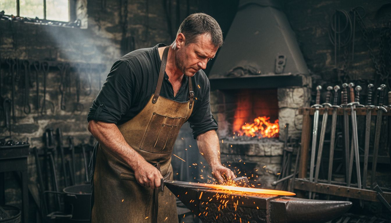 Swordsmith forging blade in traditional workshop