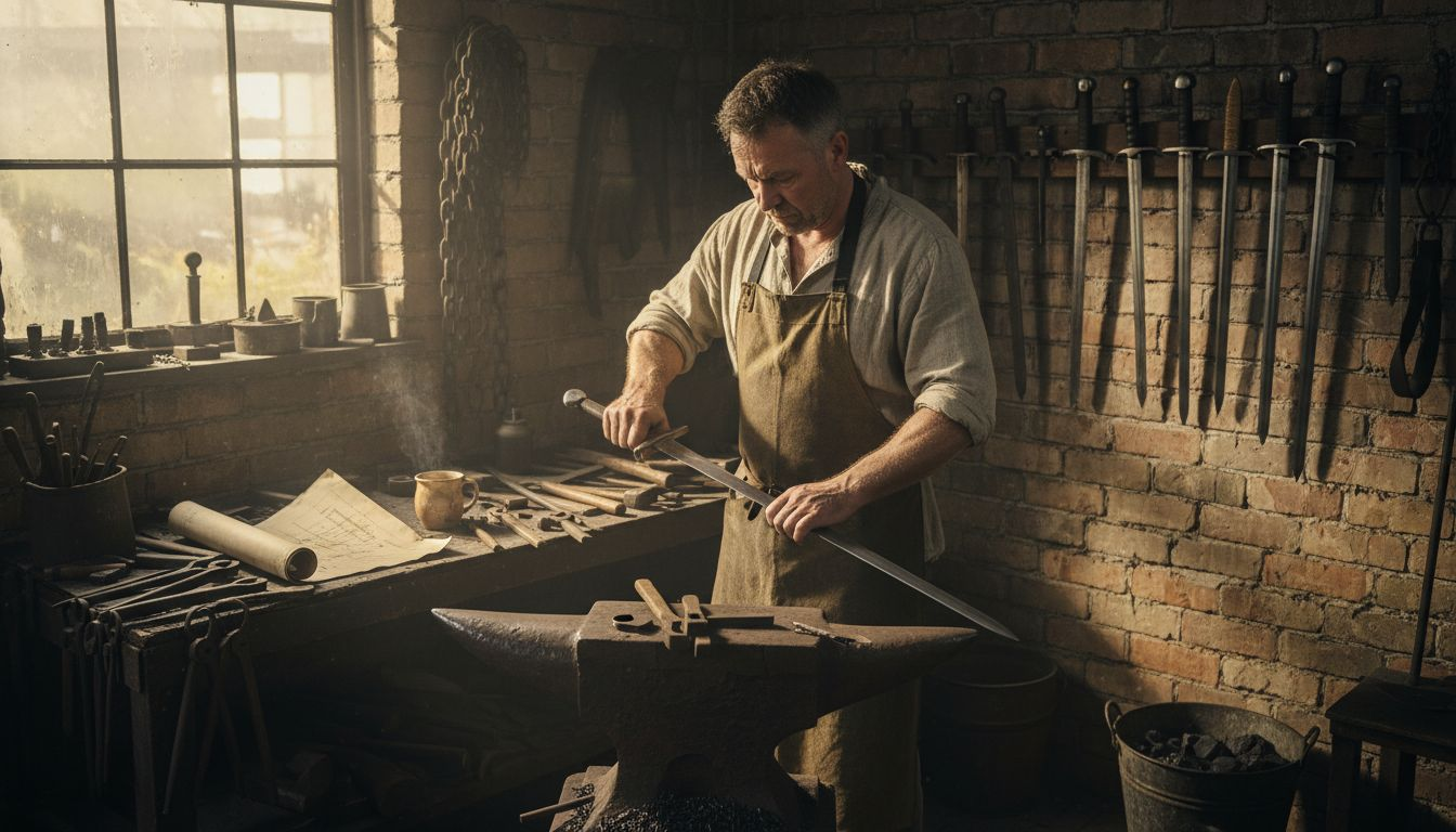 Blacksmith forging sword in workshop