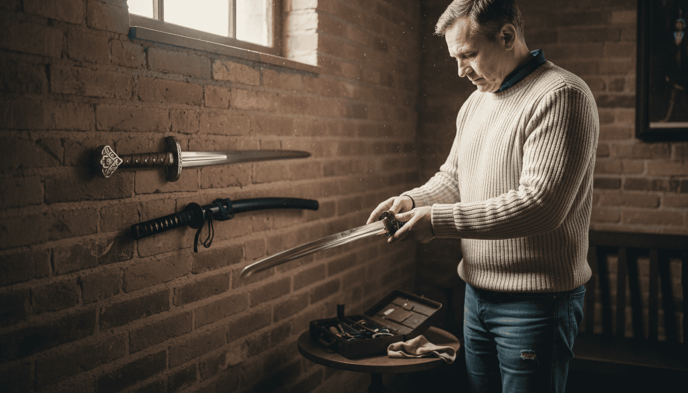 Man comparing Viking and katana swords