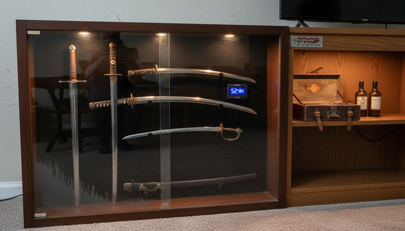 Sword display case with humidity monitor