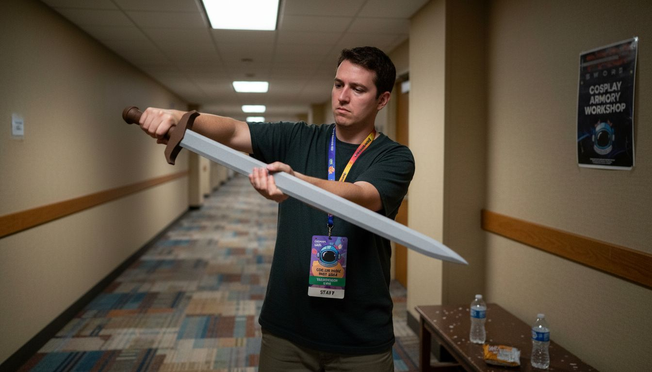 Person testing cosplay sword grip for comfort